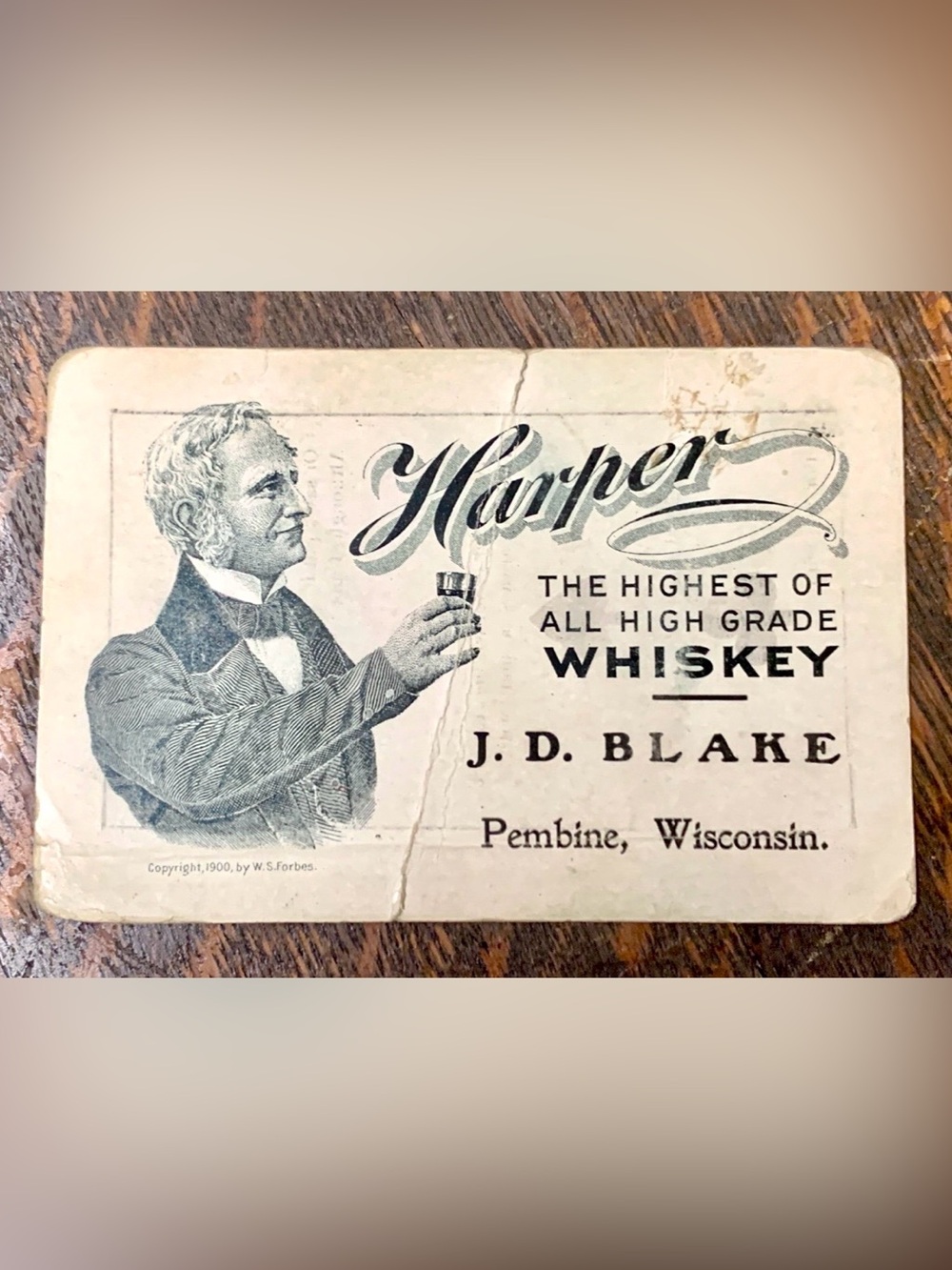 c. 1900 Harper Whiskey J. D. Blake Pembine Wisconsin Advertisement Card